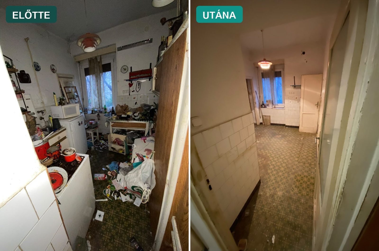 Extrém takarítás előtte-utána: erősen elhanyagolt, szeméttel teli konyha, majd ugyanaz a helyiség kiürítve és kitakarítva