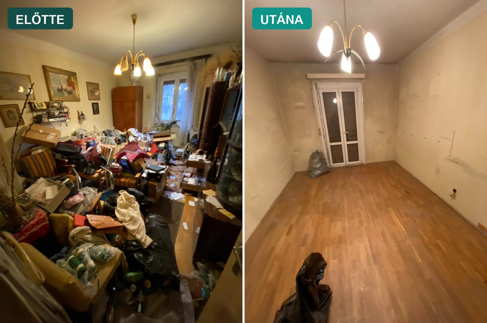 Extrém takarítás előtte-utána: felhalmozott holmival teli szoba, majd ugyanaz a szoba teljesen kiürítve, tiszta parkettával