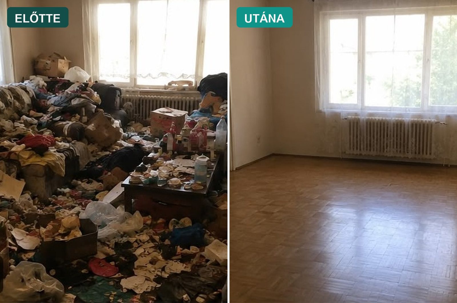 Haláleset utáni takarítás előtte-utána: felhalmozott holmival és szeméttel teli nappali, majd ugyanaz a szoba teljesen kiürítve, tiszta parkettával